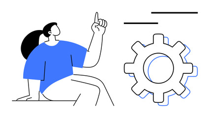 Female figure in blue shirt points upward, sitting near a large gear. Ideal for innovation, teamwork, inspiration, industry, organization, problem-solving creativity. Minimalist flat metaphor
