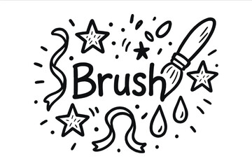Brush with Whimsy. Doodle paintbrush with stars, drops, and ribbons, center word “Brush” in black and white isolated transparent