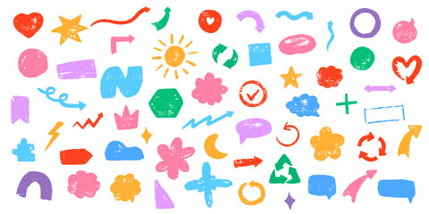 Vector set of colorful crayon doodles with heart, arrow, star, flower, geometric shape, abstract symbol. Hand-drawn textured collection perfect for kids designs, notebooks, stickers