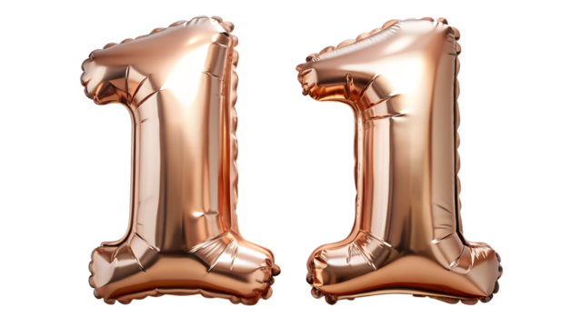 Rose gold number 11 balloons isolated on transparent background for birthday party decoration