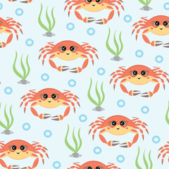 Crab seamless pattern, seaweed and bubbles. Vector Illustration for printing, backgrounds, covers and packaging. Image can be used for greeting card, poster and textile. Isolated on white background.