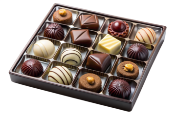 An assortment of chocolate pralines in a box isolated on transparent background, a delicious gift idea