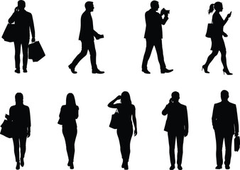 Silhouettes of people walking, shopping, and talking on phone, flat vector, isolated, cad drawing