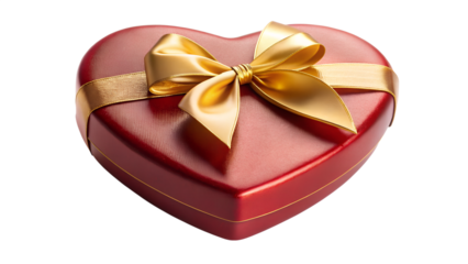 Red heart shaped gift box with golden ribbon isolated on transparent background