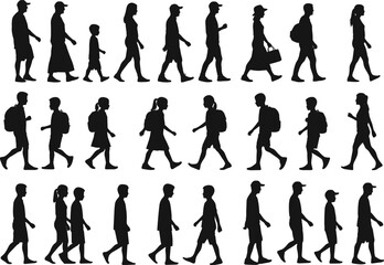 Silhouettes of people walking in diverse postures, ages, and accessories, flat vector, isolated, cad drawing