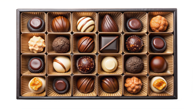 Box of assorted gourmet chocolate truffles isolated on transparent background, top view