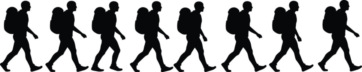 Silhouettes of person walking with backpack in motion cycle, flat vector, isolated, cad drawing
