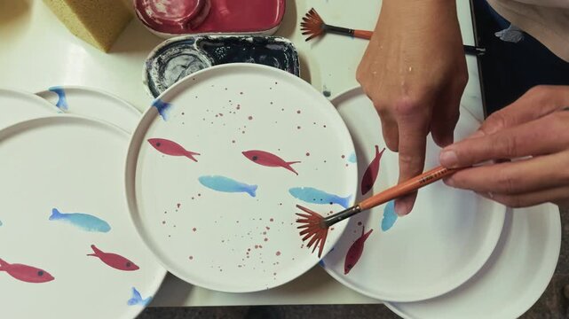 Splashing Paint Grains on a Fish Patterned Plate with a Brush in a Ceramics Studio