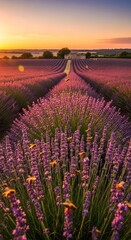 Fototapeta premium Lavender Field at Sunset with Bees. Tranquil Provence Landscape