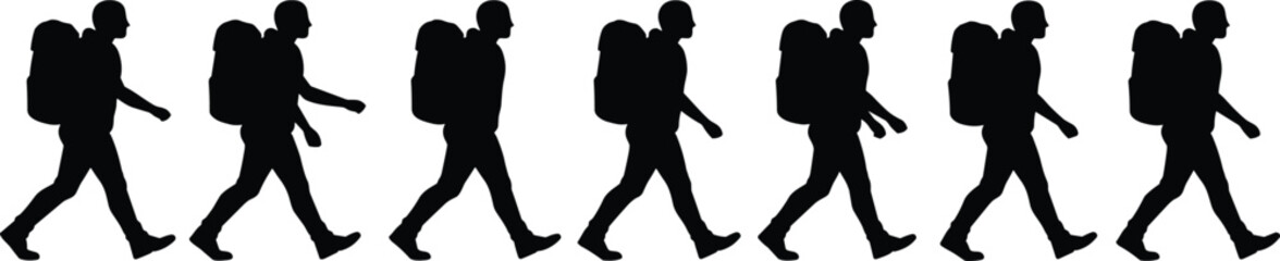 Silhouettes of person walking with backpack in motion sequence, flat vector, isolated, cad drawingSilhouettes of person walking with backpack in motion sequence, flat vector, isolated, cad drawing