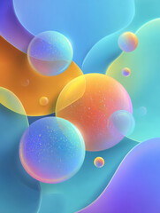 Abstract background features shimmering, translucent spheres and fluid, colorful shapes creating a soft, dreamlike gradient composition. Dynamic pastel hues with sparkling glitter texture.