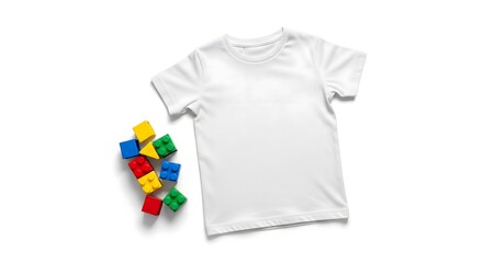 Blank White Kids T-Shirt Mockup with Colorful Toy Bricks
