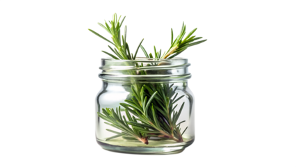 Fresh rosemary sprigs in a clear glass jar, isolated on transparent background, close up shot