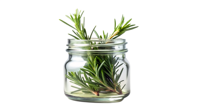 Fresh rosemary sprigs in a clear glass jar, isolated on transparent background, close up shot