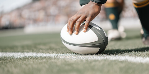 Epic rugby shot, player holding a rugby ball, sports field, football, negative space for text or copy, template, design, sports, game day, rugby league, full contact sport, rugged game, fitness, tough