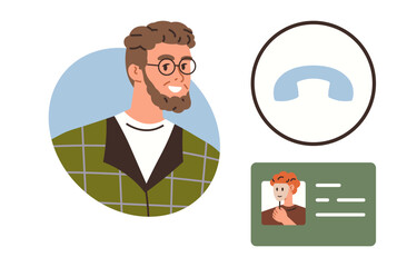 Bearded man with glasses smiling, portrait ID card, phone contact icon. Ideal for communication, identification, teamwork, networking, customer service, profiles simple flat metaphor