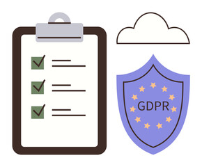 Checklist with checkmarks, shield with GDPR text and stars, and a cloud. Ideal for data security, compliance, privacy, regulation, cloud storage law confidentiality. Simple flat metaphor