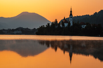 Bled, Slovenia. Bled Castle with Lake Bled with the Church of the Assumption of Maria and Julian Alps