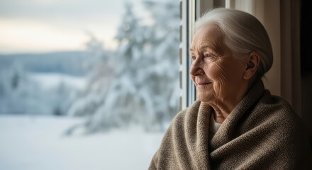 Elderly caucasian woman gazing out window in winter scenery