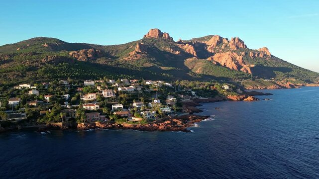 Massif de L'Esterel on the Mediterranean coast between Cannes and Saint-Raphael, featuring dramatic mountains, stunning coastline, and luxurious villas overlooking the sea