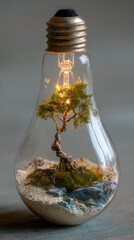 Eco-Friendly Light Bulb, Sustainable Energy Concept, Miniature Tree in Bulb

