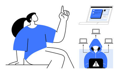 Person pointing upward, computer screen with login form, hooded figure at laptop with alert, web interface. Ideal for cybersecurity, technology awareness, hacking prevention, online safety, digital