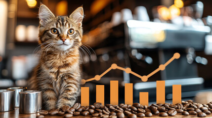 Curious tabby kitten sits among coffee beans with blurred cafe background and orange bar graph overlay, creating warm and inviting atmosphere