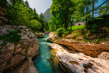 Male Korita or small canyon of Soca river near Bovec in Slovenia. River soca gorge in Triglav national park. Soca waterfall