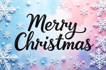 White snowflakes and dots surround Merry Christmas on a pink and blue watercolor background.