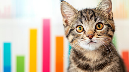Tabby cat with bright amber eyes looking at camera with colorful blurred bar chart background, curious feline portrait with soft fur and whiskers in vibrant setting