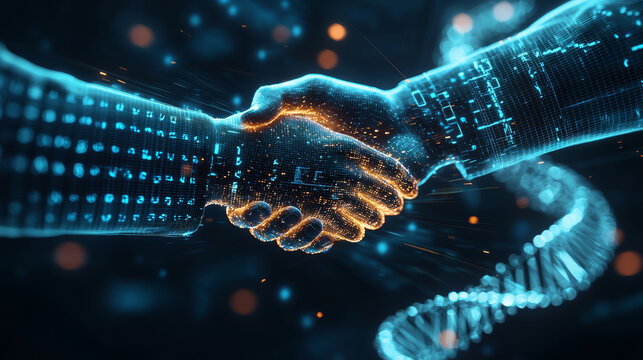 Digital handshake with glowing data points and binary code, symbolizing technology partnership and futuristic collaboration in high tech environment with DNA strand in background