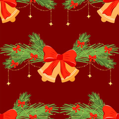 Winter Christmas tree branch vector seamless pattern with ornaments, bows, ribbons, jingle bells, garland. Ideal for wrapping paper, decor, and textiles