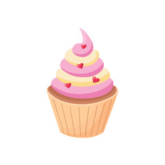 Cupcake with hearts, dessert with cream. Vector Illustration for backgrounds, covers and packaging. Image can be used for greeting card, poster, sticker and textile. Isolated on white background.