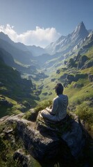Fototapeta premium Serene Buddha Statue Surrounded by Mountains and Greenery in Peaceful Landscape