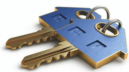 House keys with a blue house shaped keychain isolated on white background in 3d rendering