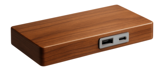 Wooden shelf with built-in charging ports, ideal for organizing gadgets on a modern desk.