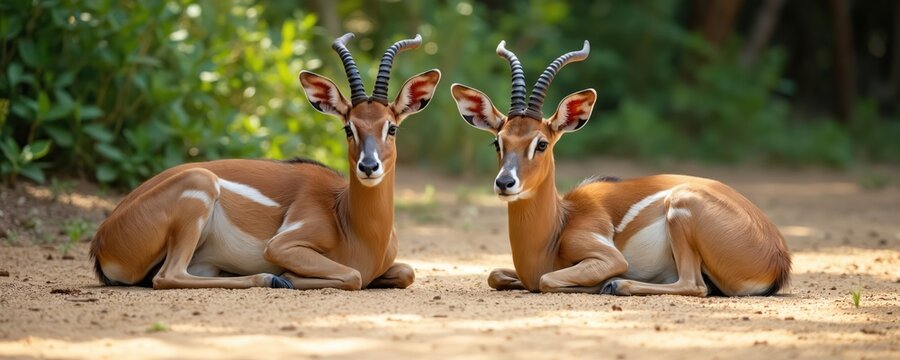 Two Nyalas antelope rest peacefully on sandy ground in natural African habitat. Distinctive horns, striped coats visible. Green foliage forms soft blurred background, emphasizing serene wildlife