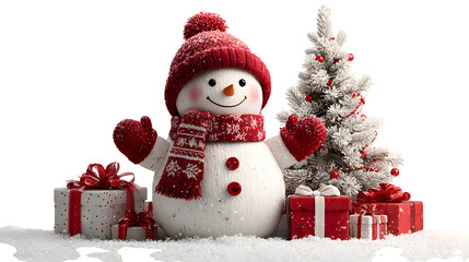 Happy 3D snowman wearing red mittens and scarf, standing next to a frosted white Christmas tree and wrapped red gifts, holiday banner concept for winter celebration, isolated on white background