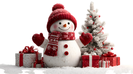 Happy 3D snowman wearing red mittens and scarf, standing next to a frosted white Christmas tree and wrapped red gifts, holiday banner concept for winter celebration, isolated on white background