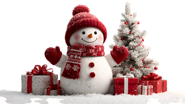 Happy 3D snowman wearing red mittens and scarf, standing next to a frosted white Christmas tree and wrapped red gifts, holiday banner concept for winter celebration, isolated on white background