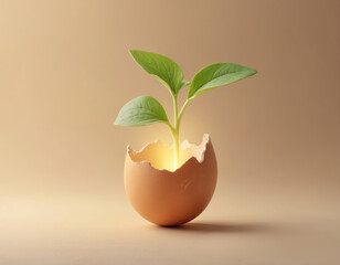 Green sapling sprouts from cracked eggshell, symbolizing new life, birth, potential. This delicate shoot represents growth, hope, fresh start. Image conveys organic development, nurturing care.