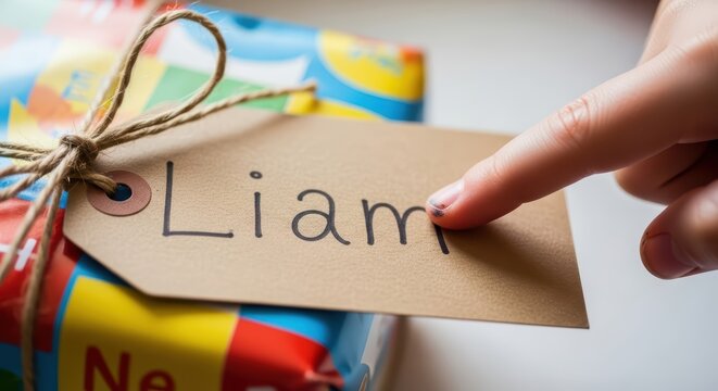Child's finger touching gift tag with name "liam" on colorful present