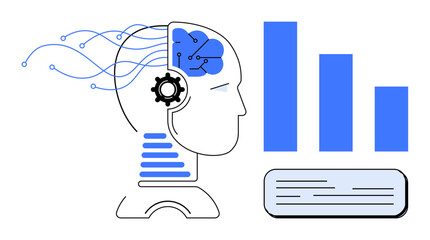 Human head with a gear and neural pathways, blue bar graph, and text block. Ideal for AI, machine learning, technology, innovation, education research data analysis. Simple flat metaphor