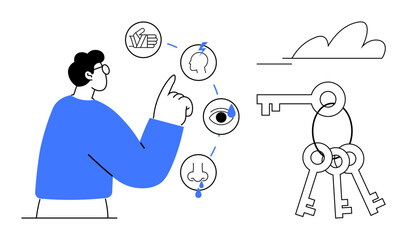 Person pointing at visual sensory icons representing touch, sight, hearing, taste, smell. Nearby keys symbolize unlocking understanding. Ideal for education, learning, cognitive development sensory