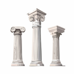 Trois magnifiques colonnes Grecques antiques, isolées sur fond blanc