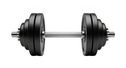 Black dumbbell isolated on transparent background in studio shot