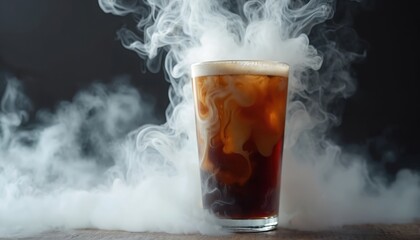 Cold brew coffee in tall glass with ice, creamy swirl, frosty smoke billowing. Dark background, wooden table surface. Refreshing beverage, cafe drink, morning energy boost, sophisticated presentation.