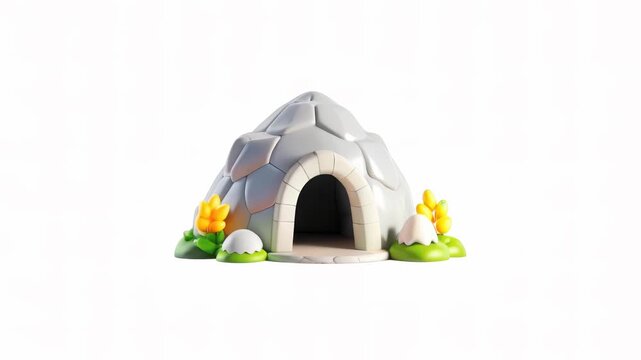 A colorful cartoon igloo with a rounded entrance and surrounding greenery.
