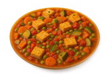 Hearty tofu vegetable curry stew, a colorful meatless meal featuring carrots, peas, and zucchini in a spicy sauce