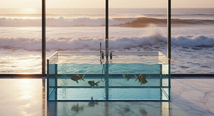 transparent bathtub with goldfish on the background of a panoramic window overlooking the sea
